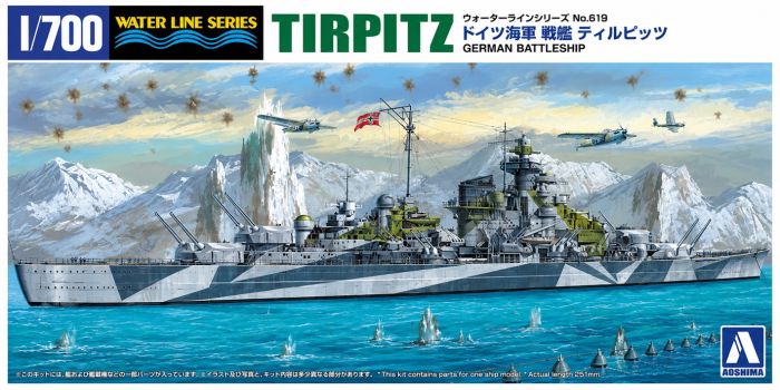 A 1/700 scale model kit box for the German battleship Tirpitz, featuring a detailed illustration of the ship in icy waters with mountains and aircraft in the background. The box includes branding for 'Water Line Series' and the manufacturer 'A scale model kit' logo.