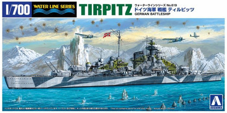 A 1/700 scale model kit box for the German battleship Tirpitz, featuring a detailed illustration of the ship in icy waters with mountains and aircraft in the background. The box includes branding for 'Water Line Series' and the manufacturer 'A scale model kit' logo.