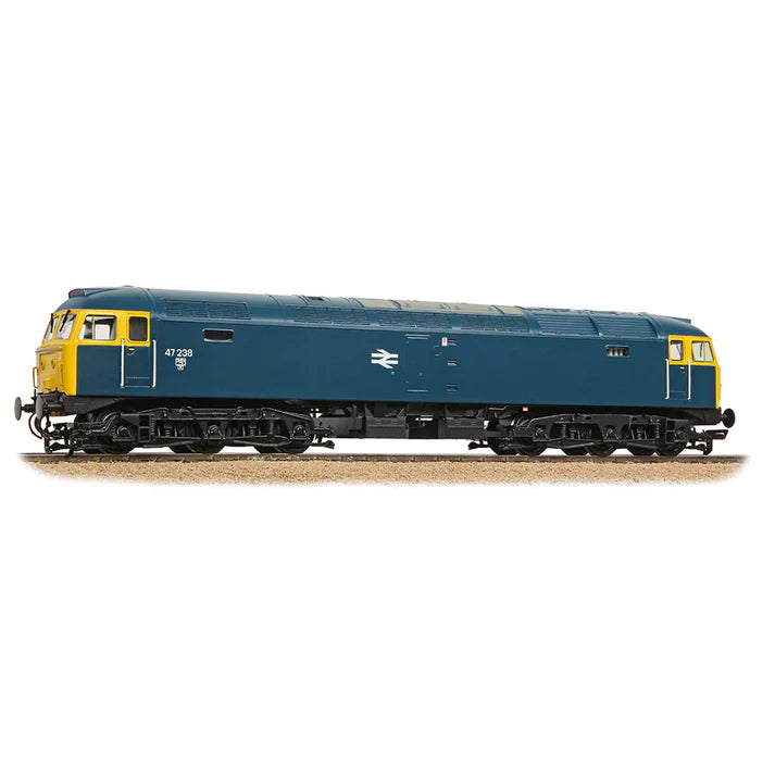 Model train with blue and yellow design on a white background