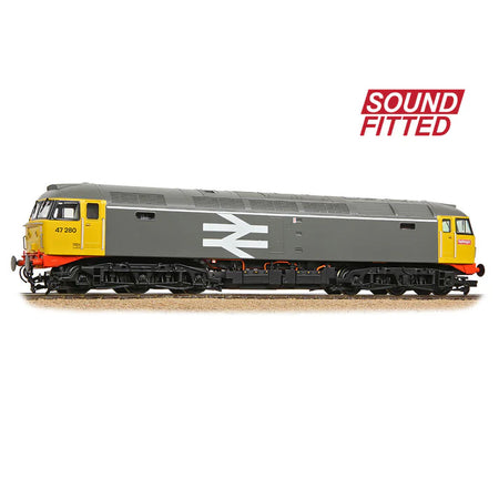 Model train with a gray and yellow design on a white background, featuring the word 'Sound Fitted'.