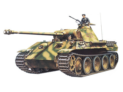 A Tamiya Model  Panther tank with a soldier on top on a white background