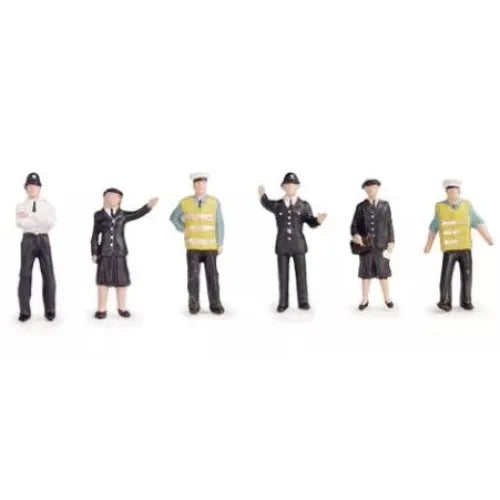 Set of six small figurines in various uniforms on a white background
