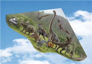 Collage of dinosaurs with a mountain and sky background, featuring the Jurassic Park logo.