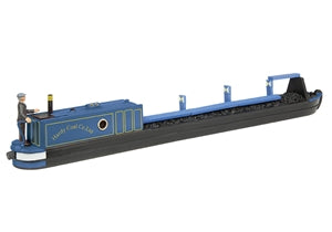 A miniature model of a blue and black coal barge with gold lettering, shown on a plain white background.