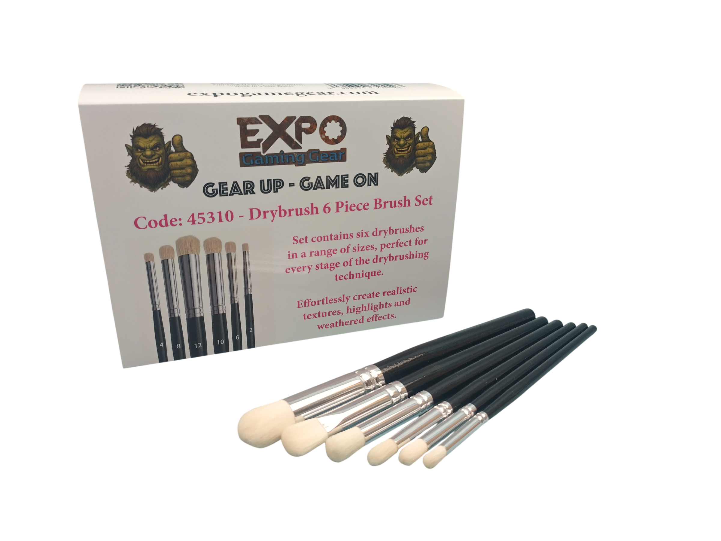 A six-piece drybrush  set displayed in front of its white retail box. The box features the brand name 'EXPO Blending Tool' with gorilla graphics and product code '45310'.