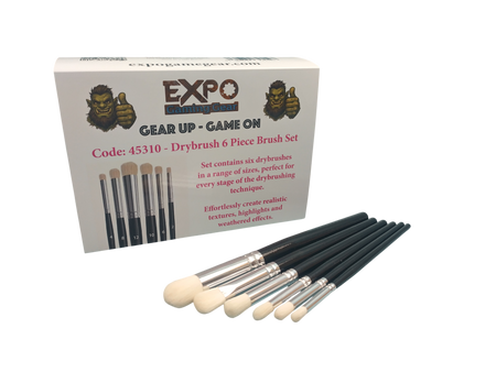 A six-piece drybrush  set displayed in front of its white retail box. The box features the brand name 'EXPO Blending Tool' with gorilla graphics and product code '45310'.