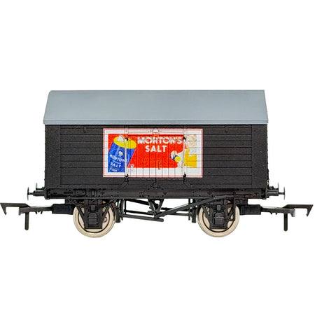 Model train wagon with Morton's Salt advertisement on a white background