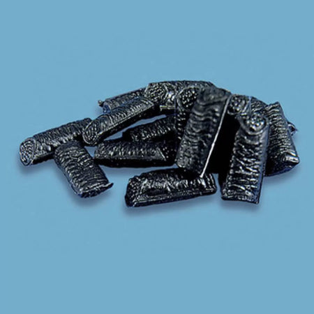 Black bags of coal for model railway on a blue background