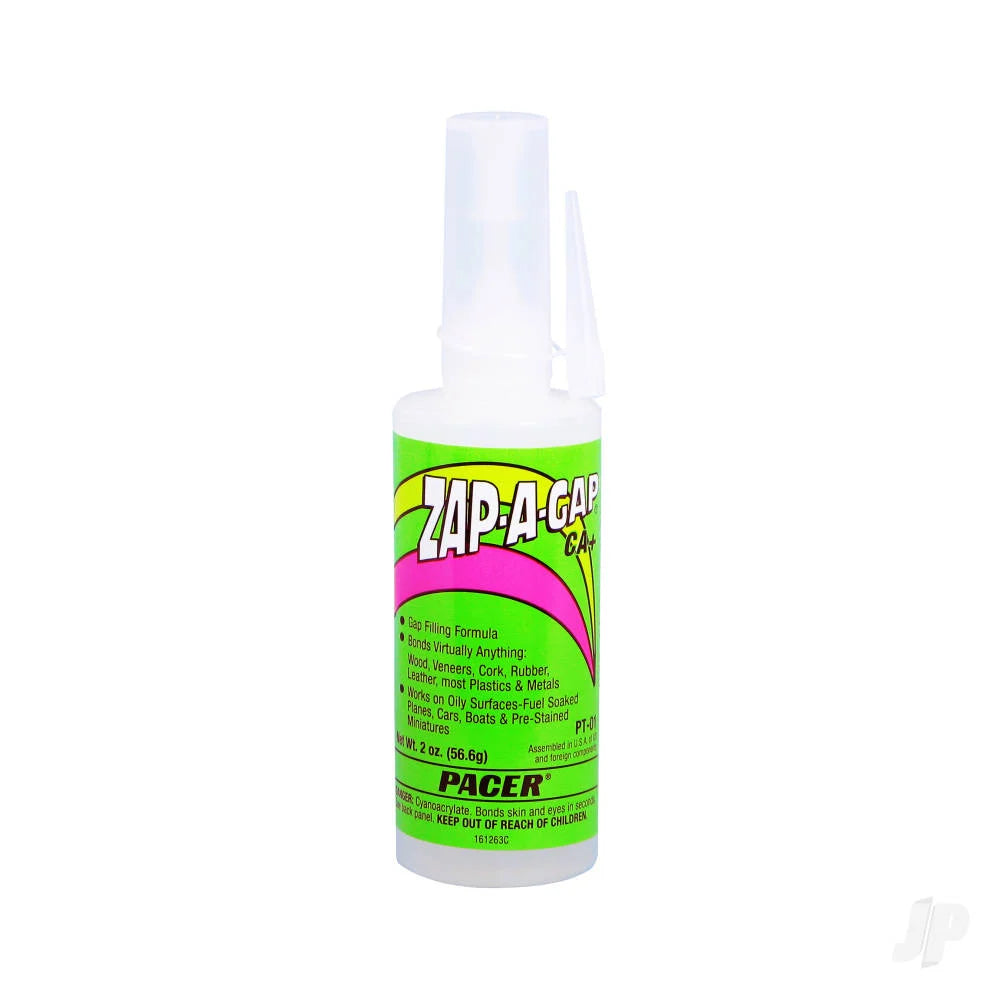 A bottle of Pacer Zap-A-Grip Quick Drying Formula with a white nozzle and a bright green label featuring yellow and pink graphics.