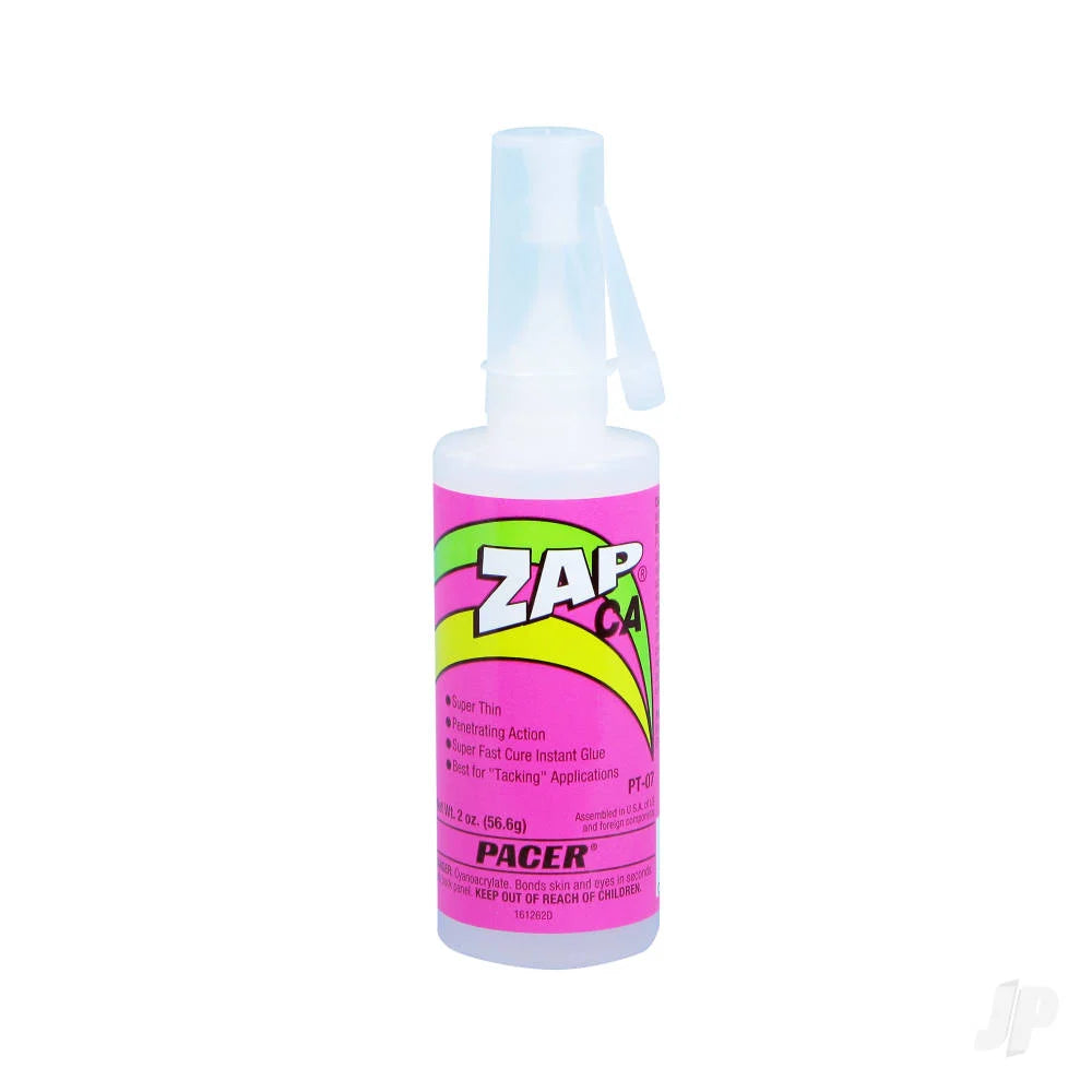 A bottle of Pacer Zap PT-07 instant glue with a bright pink label, white plastic bottle, and a translucent white spray nozzle, shown on a plain white background.