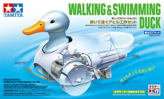 Model kit of a walking and swimming duck with Tamiya branding on a blue background