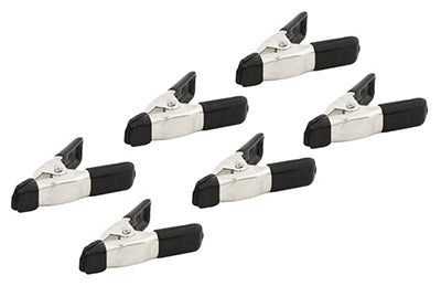 six micro spring clamps on a white background