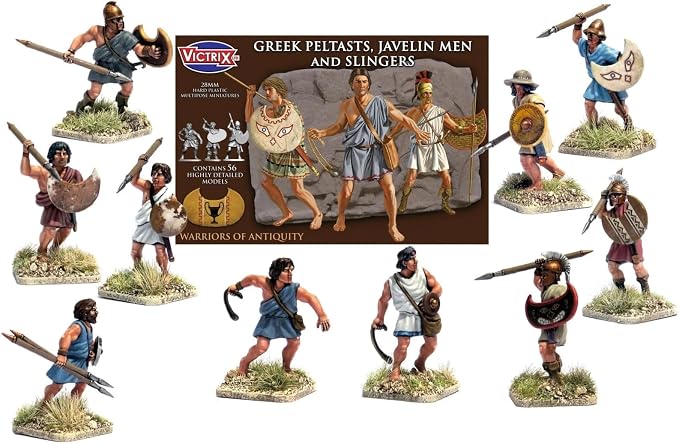 Victrix Greek Peltasts, Javelin Men and Slingers miniature model set, featuring ten painted historical warrior figures with spears, shields, and swords, arranged around their product box on a white background.