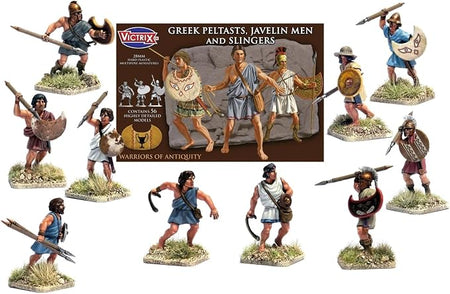 Victrix Greek Peltasts, Javelin Men and Slingers miniature model set, featuring ten painted historical warrior figures with spears, shields, and swords, arranged around their product box on a white background.