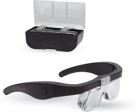 Black magnifying glasses with clear lenses shown alongside a black storage case with a transparent lid on a white background.