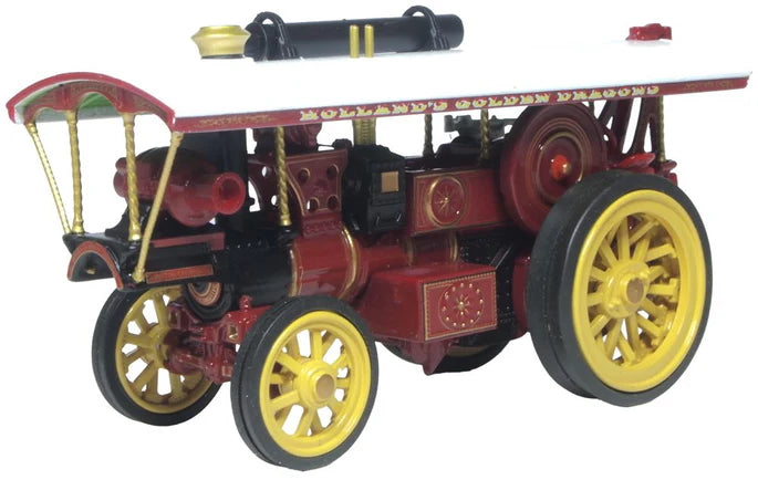 Model of a vintage steam engine with red and yellow colors on a white background
