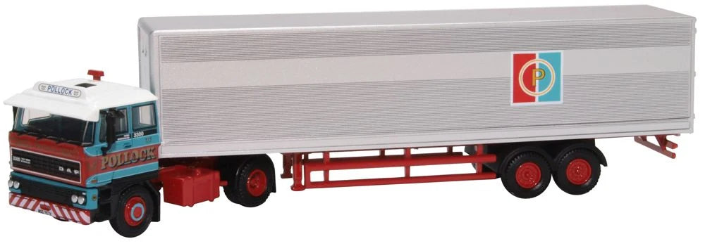 Model truck with a trailer featuring a logo on a white background