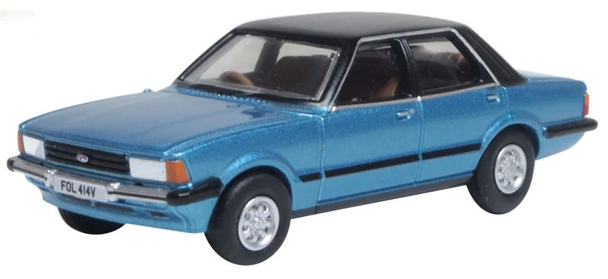 Model of a blue Ford Cortina Mk5 on a white background