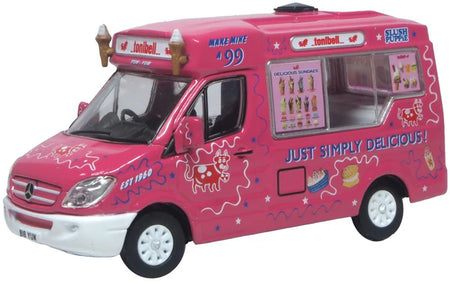 Pink diecast model of a Whitby Mondial  ice cream van with 'Just Simply Delicious' text on a white background