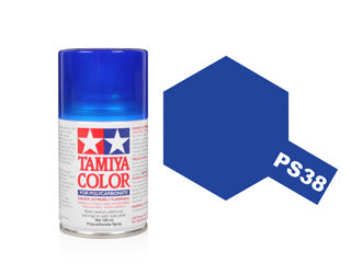 Tamiya Colour spray paint can with a blue colour swatch labeled PS38 on a white background