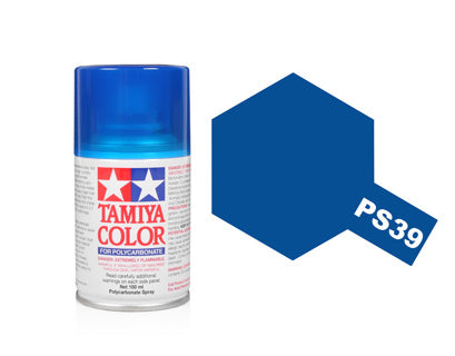 Tamiya PS-39 Translucent Blue Polycarbonate spray paint can with blue color swatch labeled PS39 on a white background