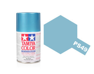 Tamiya Color spray paint can with a blue hexagon and 'PS49' text on a white background