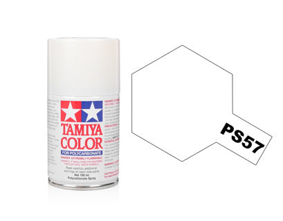 Tamiya PS-57 Pearl white polycarbonate spray paint colour swatch with tin