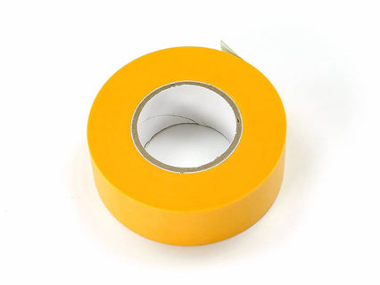 A roll of bright yellow masking  tape on a clean white background.