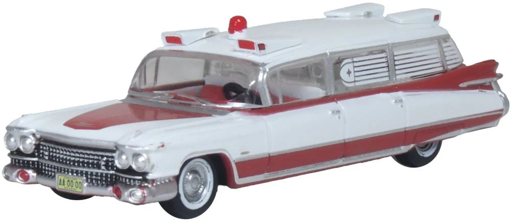 Model of a classic ambulance car with white and red colors on a white background