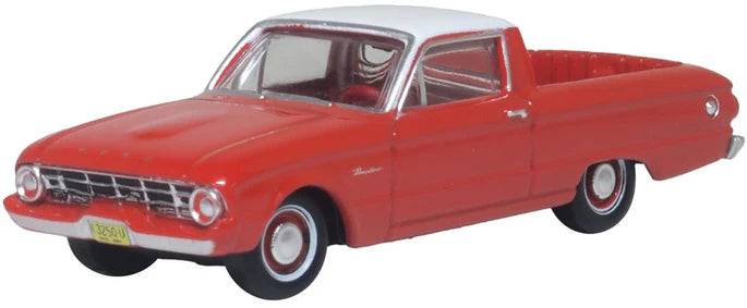 Model of a red pickup truck with a white roof on a white background