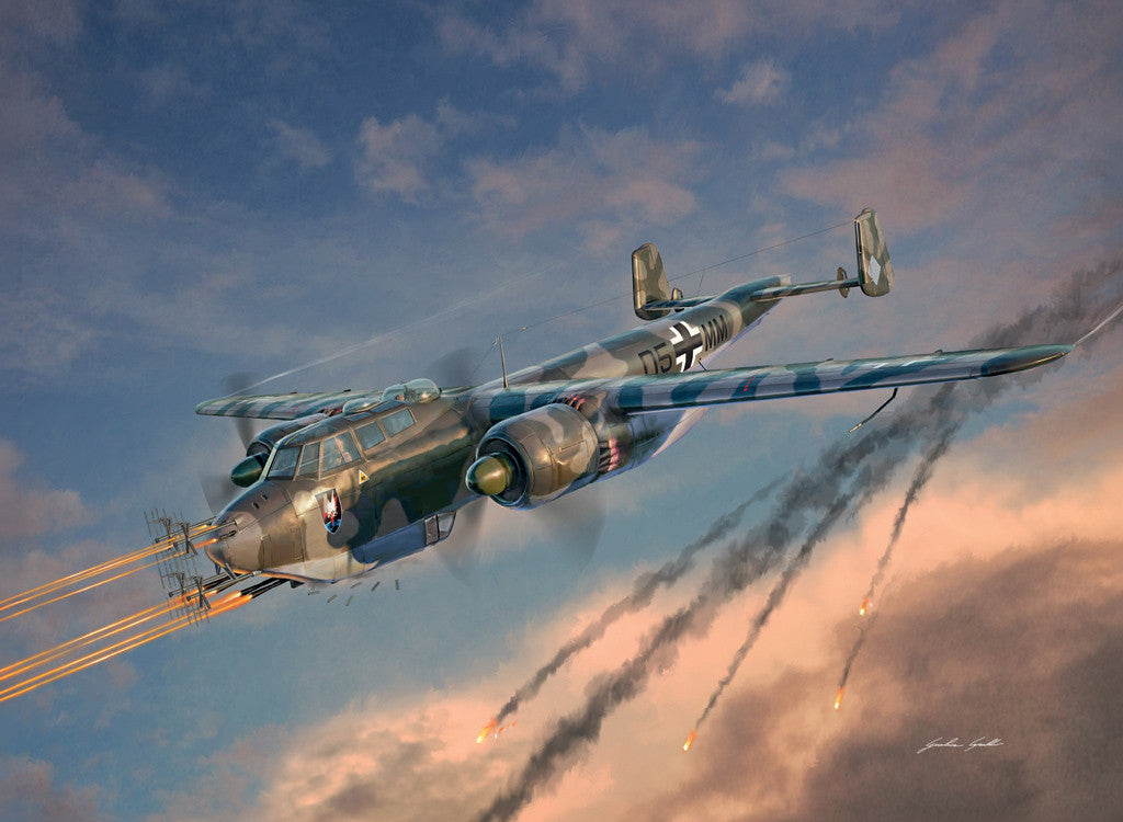 A painted artwork of a Dornier twin-engine military aircraft flying through a blue sky with clouds and missile trails, with the depicted scene itself appearing to be the product.