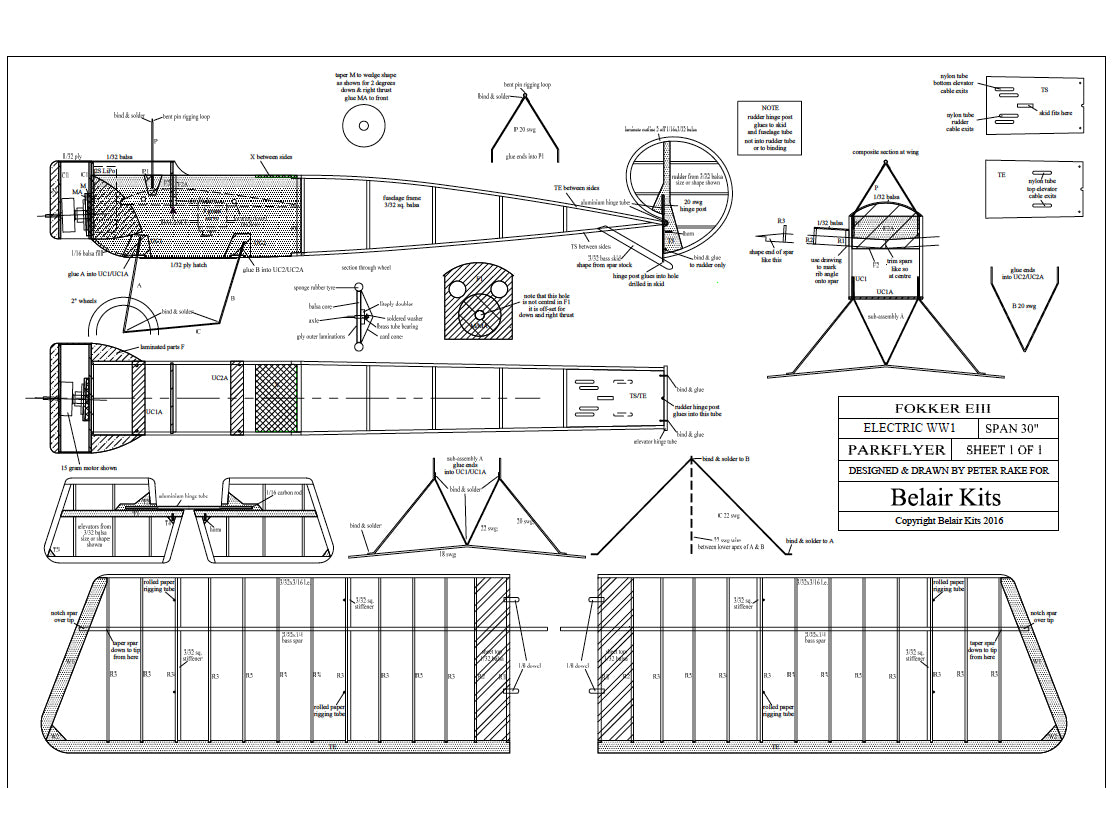 Belair Fokker E-111 Eindekker Electric scale flying model  balsa plane kit