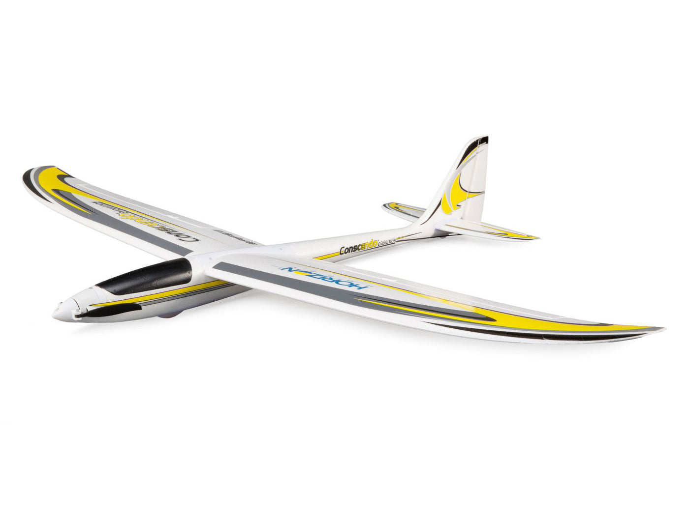 A white RC model Glider with yellow and black accents, featuring the brand name 'Crazy Flights' on the fuselage and wing, shown against a plain white background.