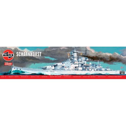 Airfix Scharnhorst model kit box front cover showing a painted illustration of a white battleship with dark smoke and blue-green water, with the Airfix logo and product title visible.