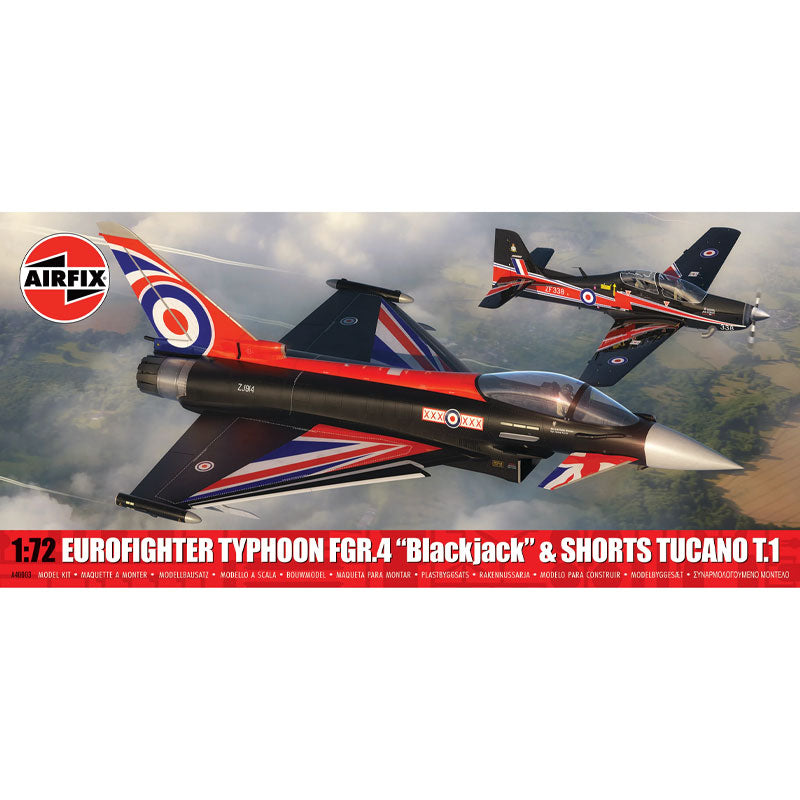 Model kit packaging for Eurofighter Typhoon FGR.4 'Blackjack' & Shorts Tucano T.1 with Airfix logo.