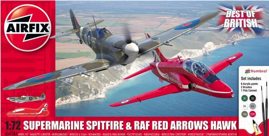 Airfix model kit packaging featuring Supermarine Spitfire and RAF Red Arrows Hawk planes.