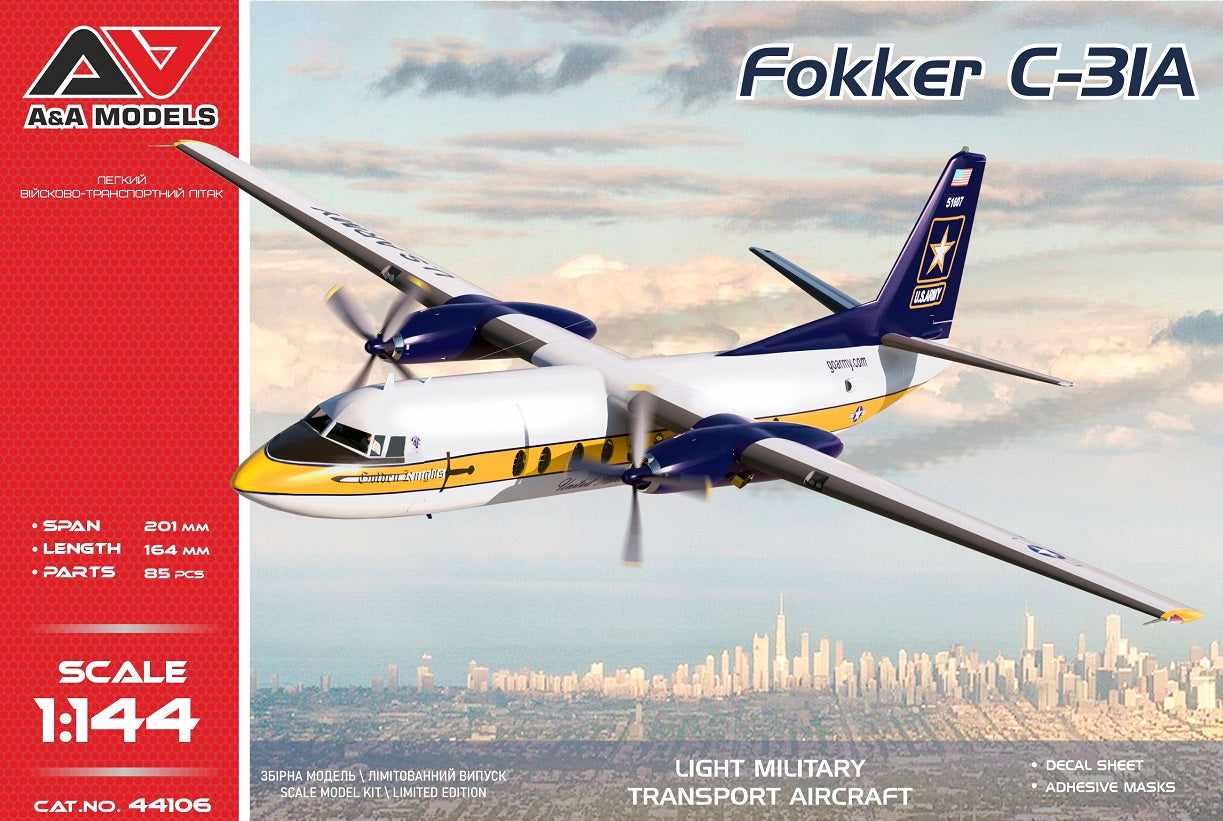 Model airplane kit of a Fokker C-31A with A&A Models branding on a cityscape background.