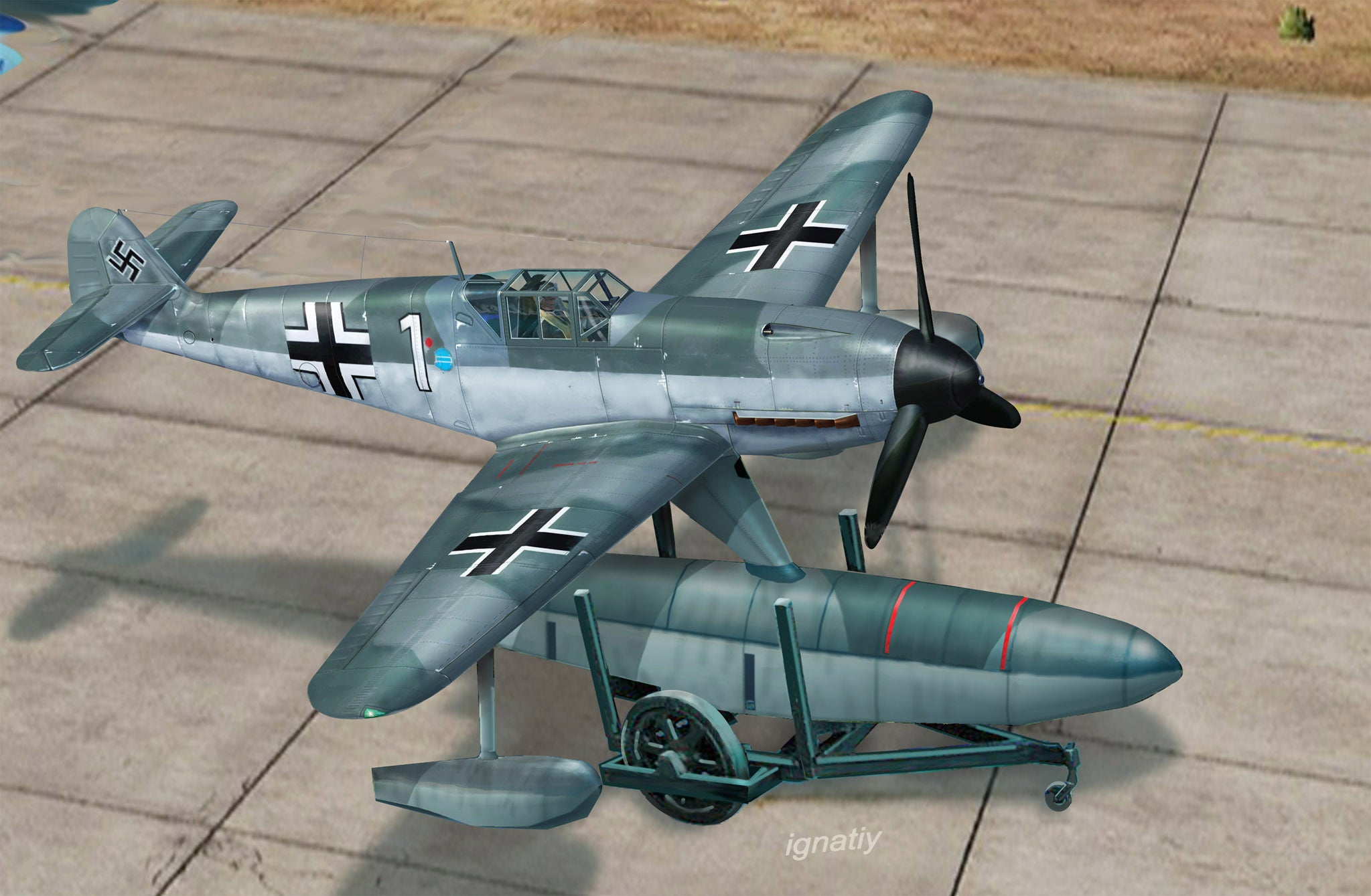 Model of a World War II German fighter float plane on a runway
