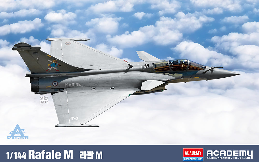 A 1/144 scale model kit packaging image for the Academy Rafale M fighter jet. The product is shown as a grey military aircraft with military insignia, flying against a blue sky with white clouds.