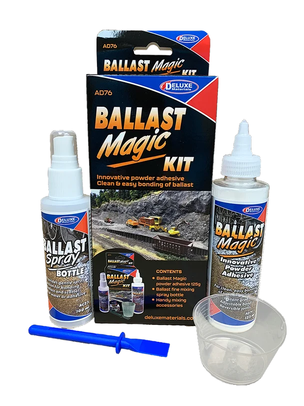 Pack containing Ballast Spray  Glue and Ballast Magic Innovative Powder Adhesive with accessories for  use with ballast