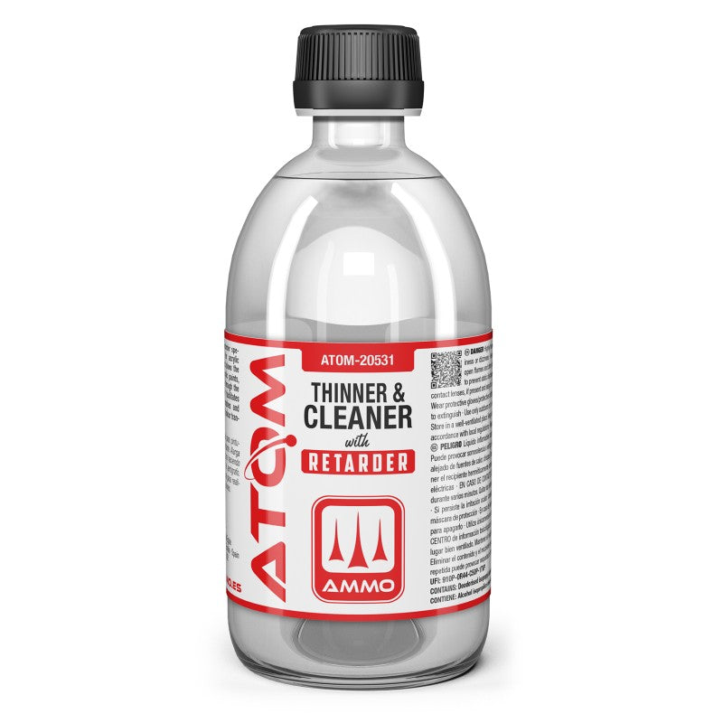 Bottle of Atom thinner and cleaner with retarder on a white background