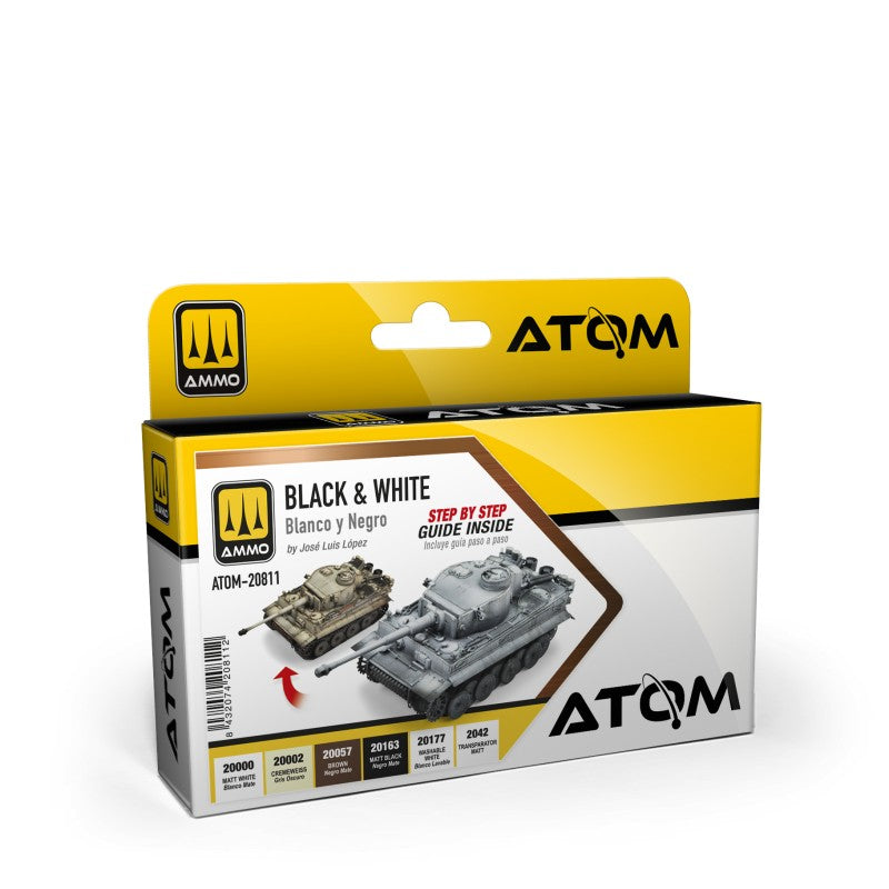 Box packaging for an AMMO Atom black and white step-by-step guide, featuring a yellow and white design with a model tank illustration.