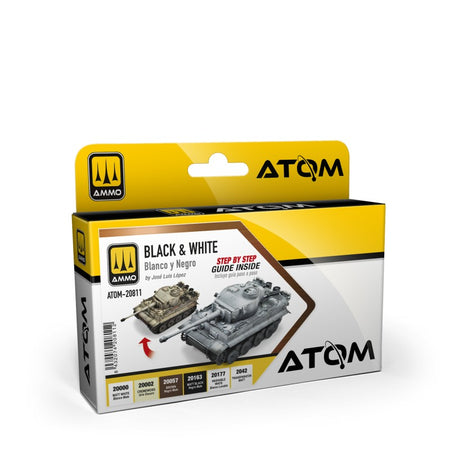 Box packaging for an AMMO Atom black and white step-by-step guide, featuring a yellow and white design with a model tank illustration.