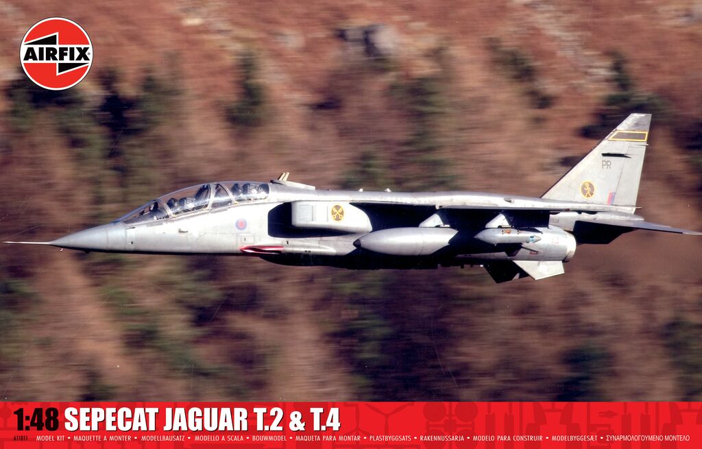 Model kit of a SEPECAT Jaguar T.2 & T.4 aircraft with Airfix logo on a blurred background