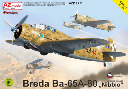A model kit box cover for an AZ model Plastic Kits Breda Ba-65A-80 'Nibbio' aircraft, showing a detailed illustration of the military plane in flight with other vintage aircraft in the background.