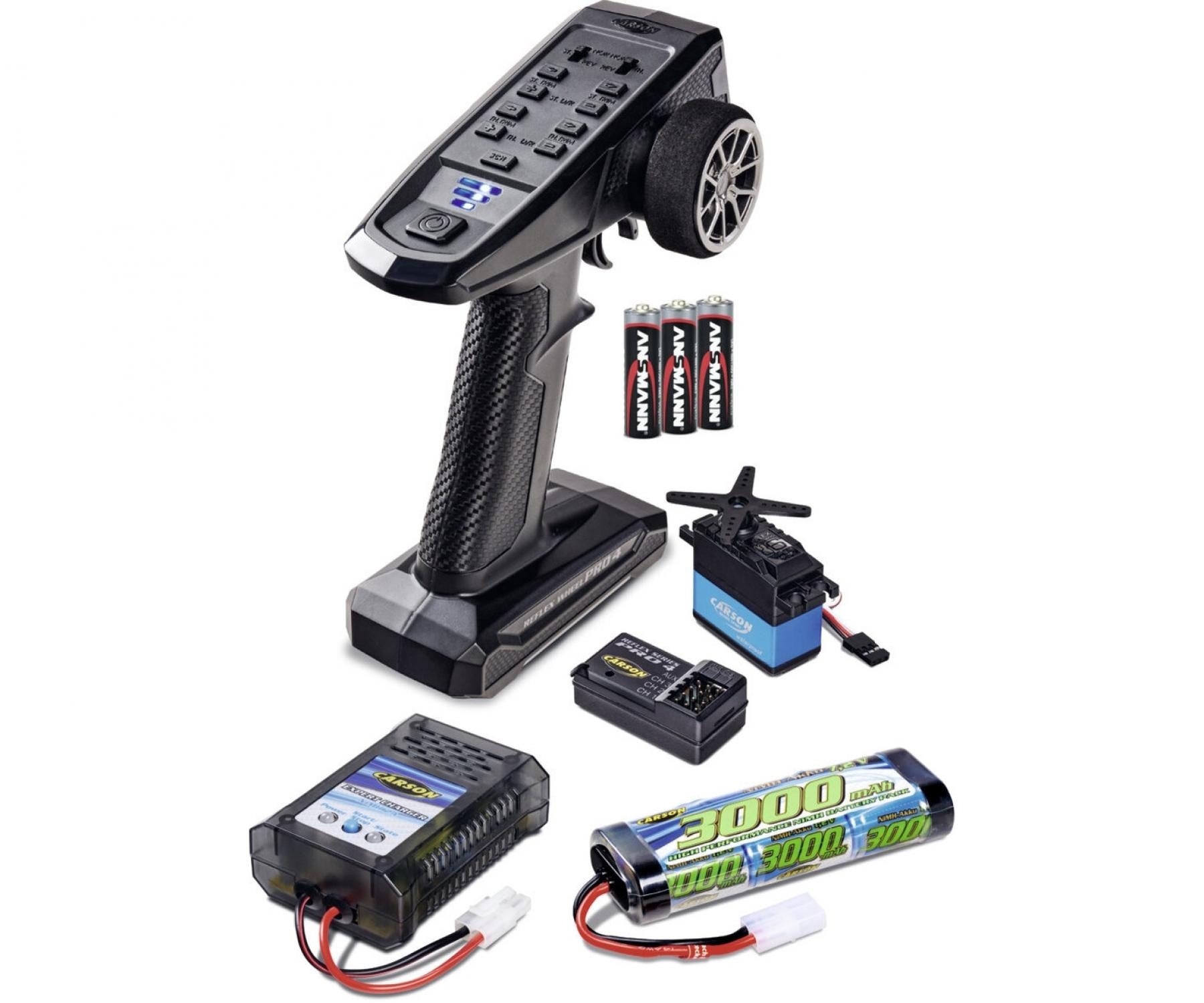 Collection of RC model parts including a remote control, batteries, and connectors on a white background