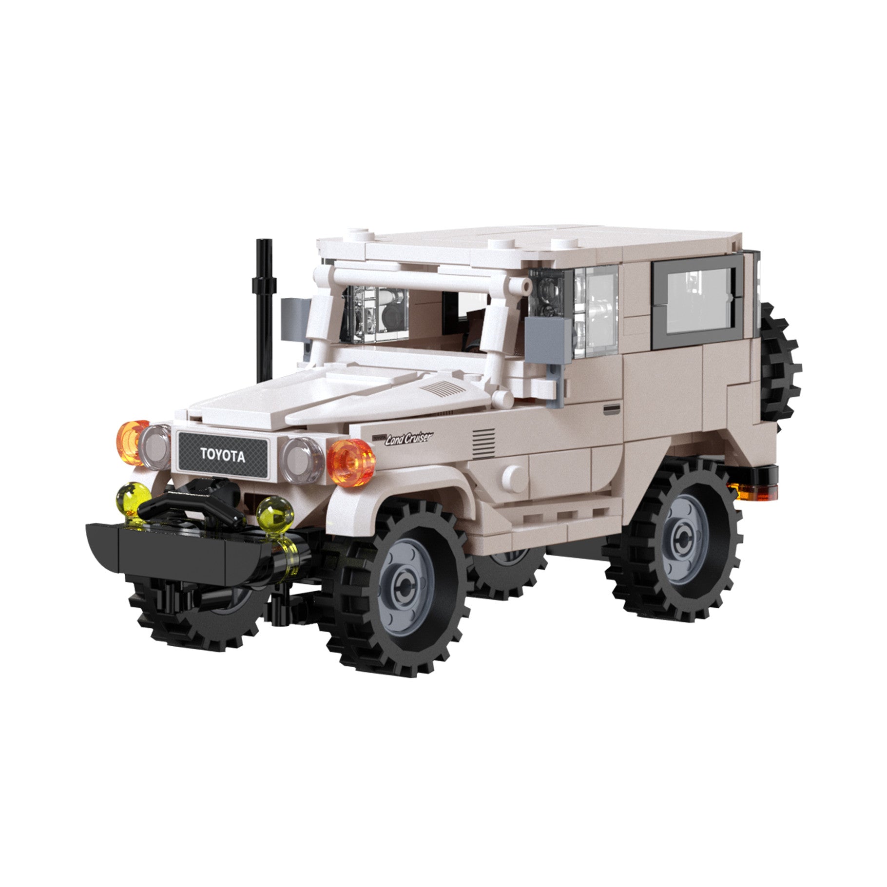 A  brick-built Toyota Land Cruiser off-road vehicle in light beige and white, with black tires, a black front bumper, and small orange and yellow accents, shown on a plain white background.