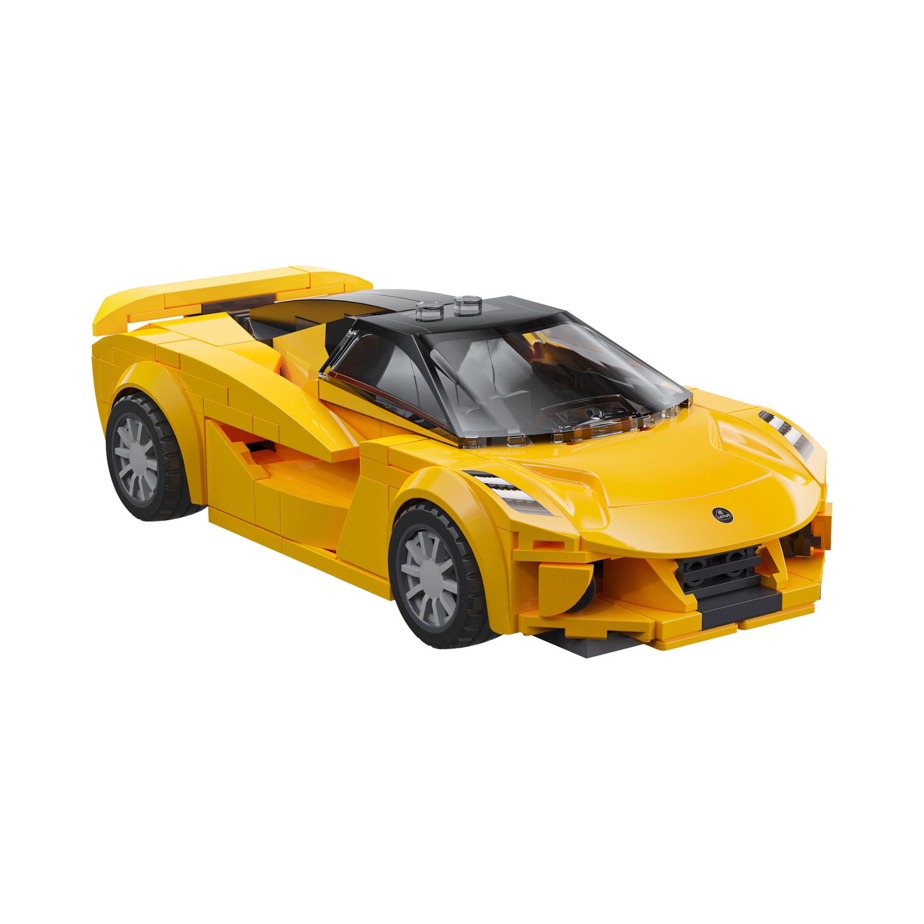 A yellow brick model sports car model with a black roof and silver wheels, shown on a plain white background.