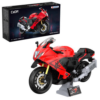 Red and black brick built motorcycle model with packaging displaying the same design on a white background