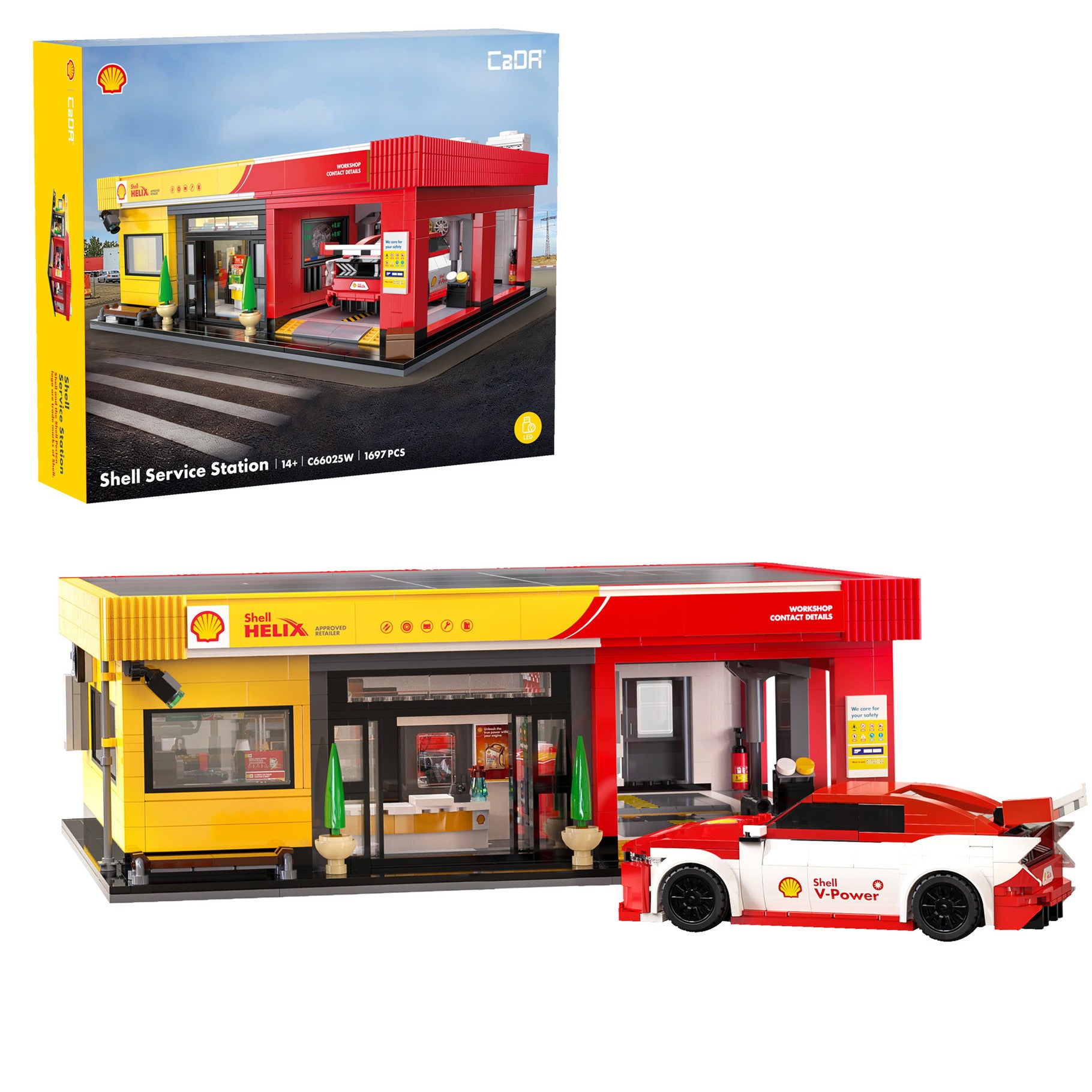 A brick model  set showing a Shell service station building with a red and yellow station structure and a red-and-white Shell-branded car, displayed in front of its retail box on a white background.